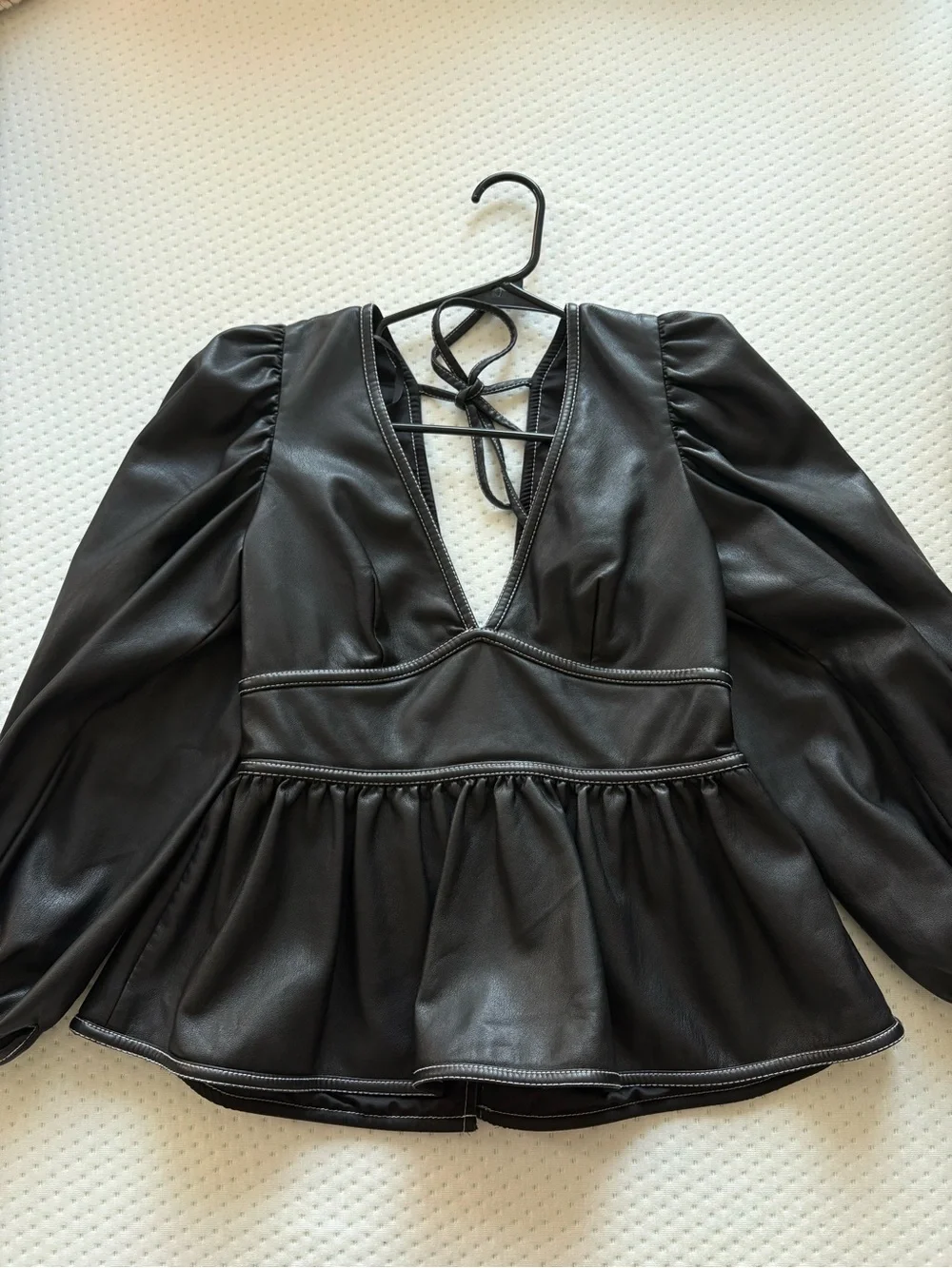 STAUD Black Faux Leather Peplum Top with Puff Sleeves